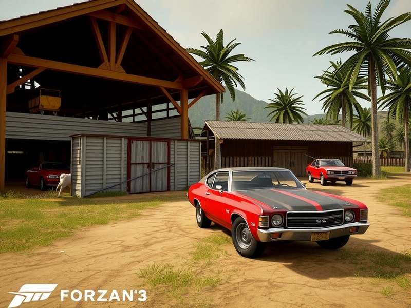 Player discovering a barn find in Forza Horizon 3, barn door partially open revealing a classic car