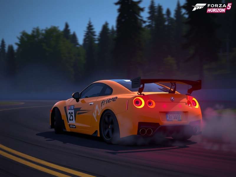 Forza Horizon 5 Nissan Silvia drifting sideways in urban environment with smoke