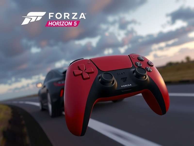 PlayStation 5 DualSense controller with Forza Horizon 5 gameplay on screen