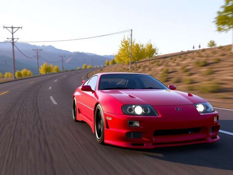 Concept art of a high-performance supercar on a scenic mountain road at dusk