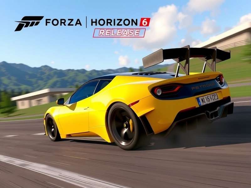 Artistic concept of a hypercar racing past an Indian monument, representing Forza Horizon 6 speculation.