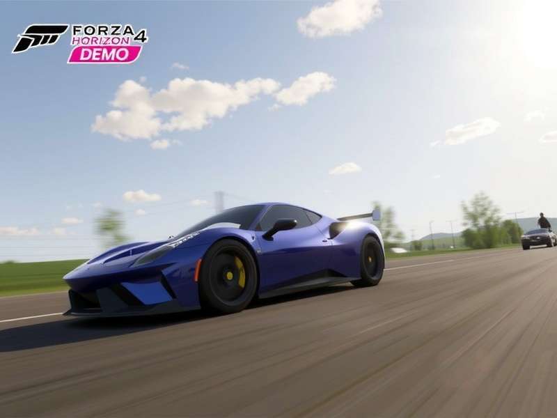 Forza Horizon 4 Demo gameplay screenshot showing a car racing through British countryside