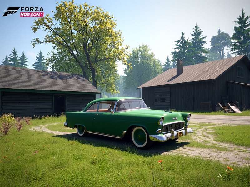 A classic American muscle car hidden in a rustic barn, covered in dust and shrouded in mystery