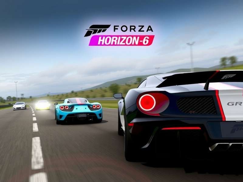 Concept art for Forza Horizon 6 showing cars racing through a vibrant cityscape