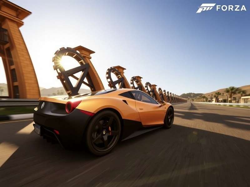 Forza Horizon gameplay screenshot showing a sports car racing through a scenic landscape
