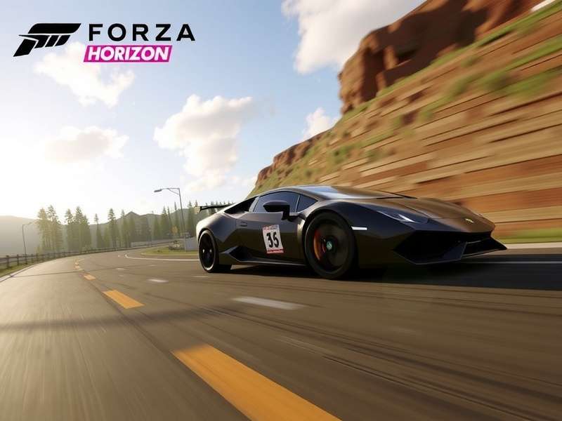 Forza Horizon PC gameplay screenshot showing a supercar racing through a beautiful landscape