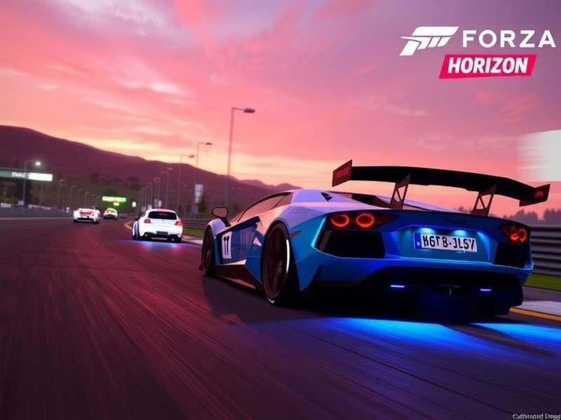 Forza Horizon 5 festival scene with multiple supercars