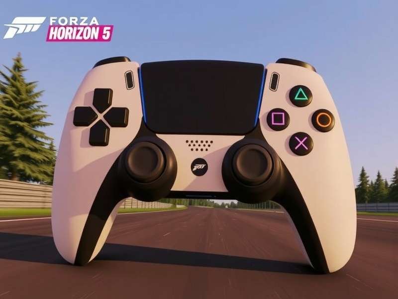 Forza Horizon 5 gameplay with PS5 controller setup on desk