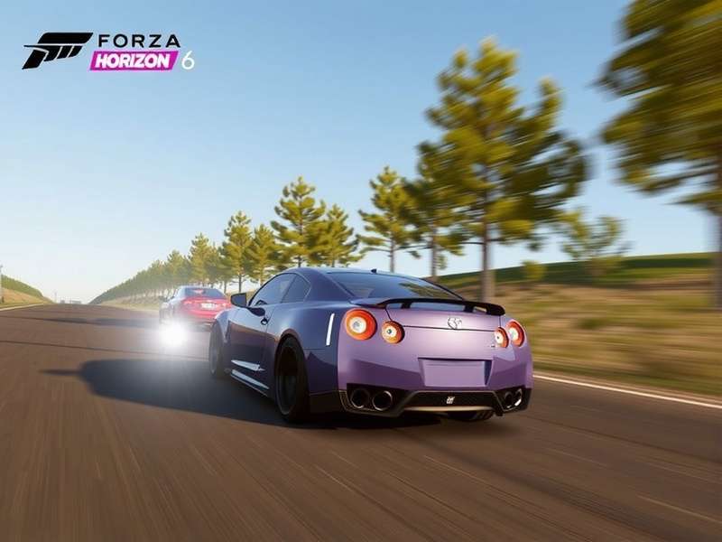 Forza Horizon 6 India landscape with racing cars on a coastal highway at sunset
