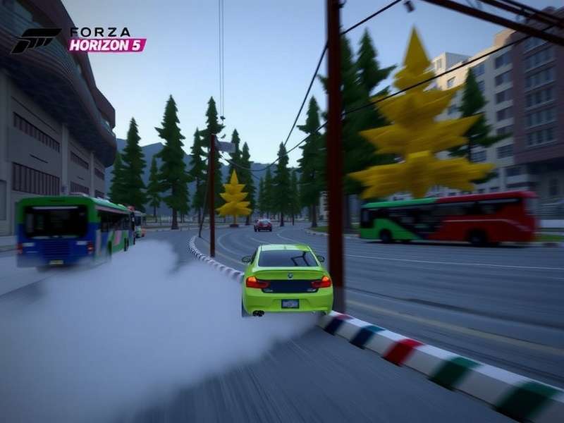 Forza Horizon 5 Drifting action shot showing a car sliding through a curve in Mexico with smoke and dust