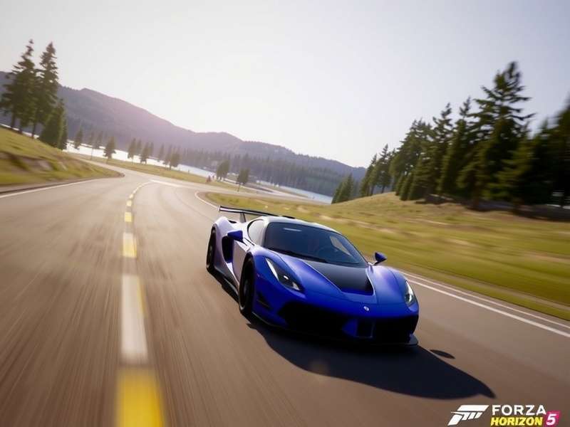 Forza Horizon 5 gameplay showcasing a hypercar on a scenic Mexican highway with vibrant sunset lighting