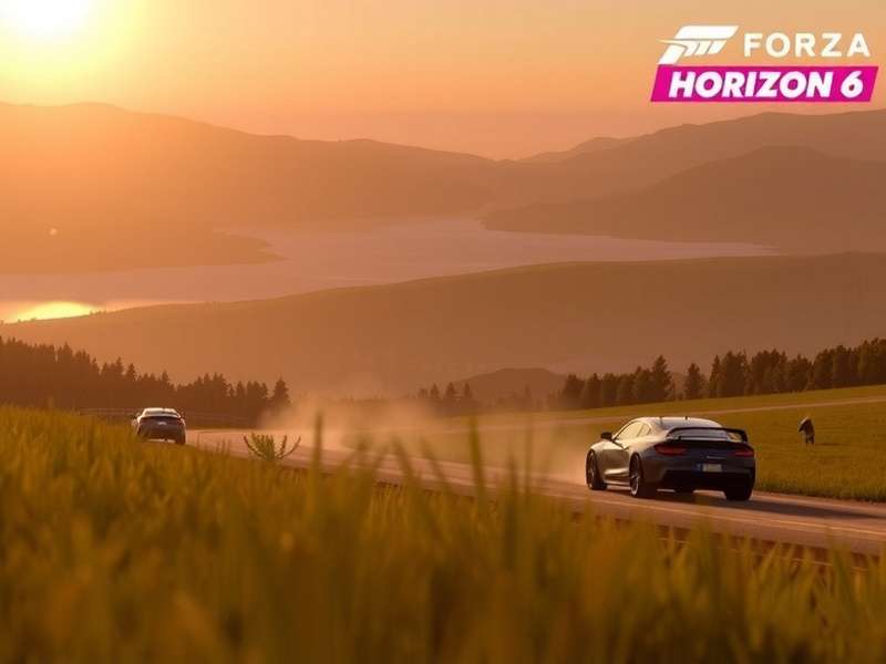 Forza Horizon 6 official teaser banner showing a sports car on a tropical highway at sunset