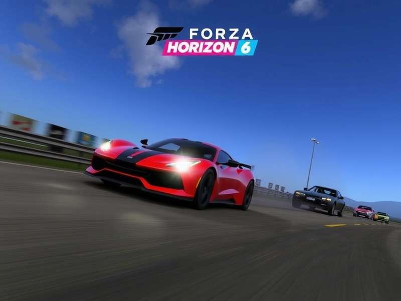 Forza Horizon 6 — Official key art with exotic supercar on Indian coastal highway at sunset